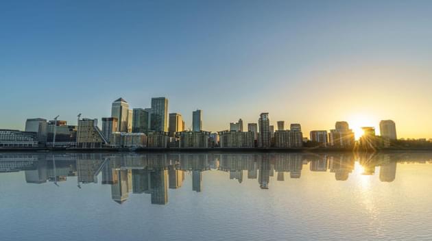 Canary Wharf London skyline with reflection