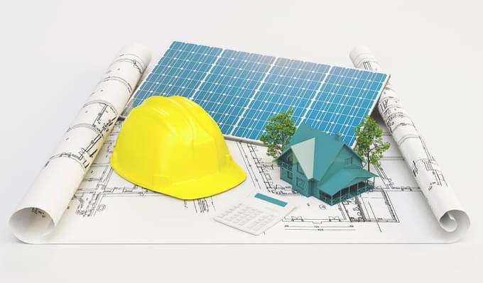 Building and construction gear with solar panel and house - energy efficiency standards